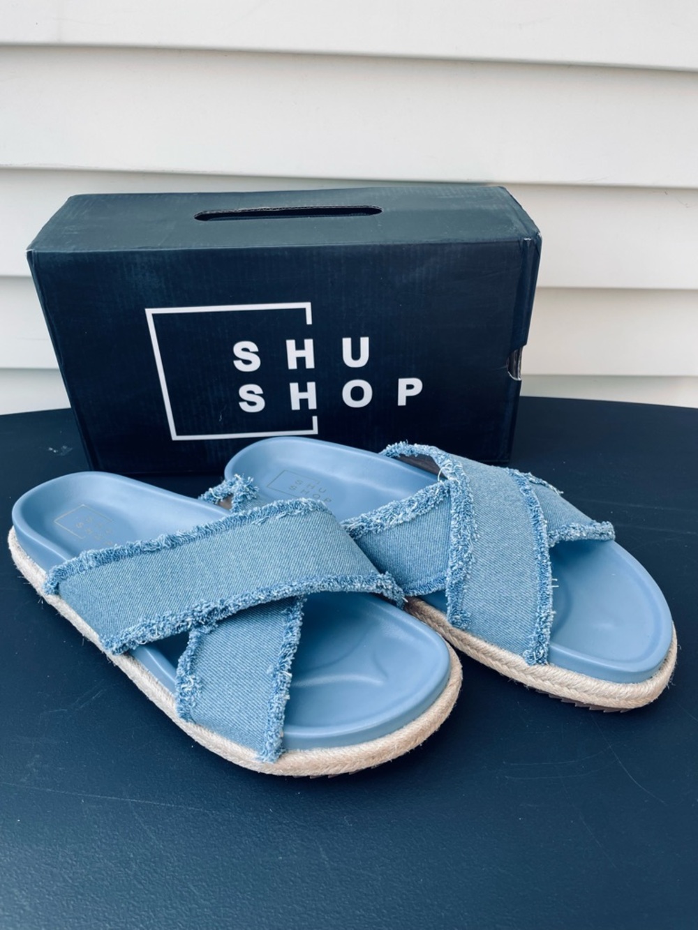 ShuShop Blue Denim Cross-Strap Slide Sandals